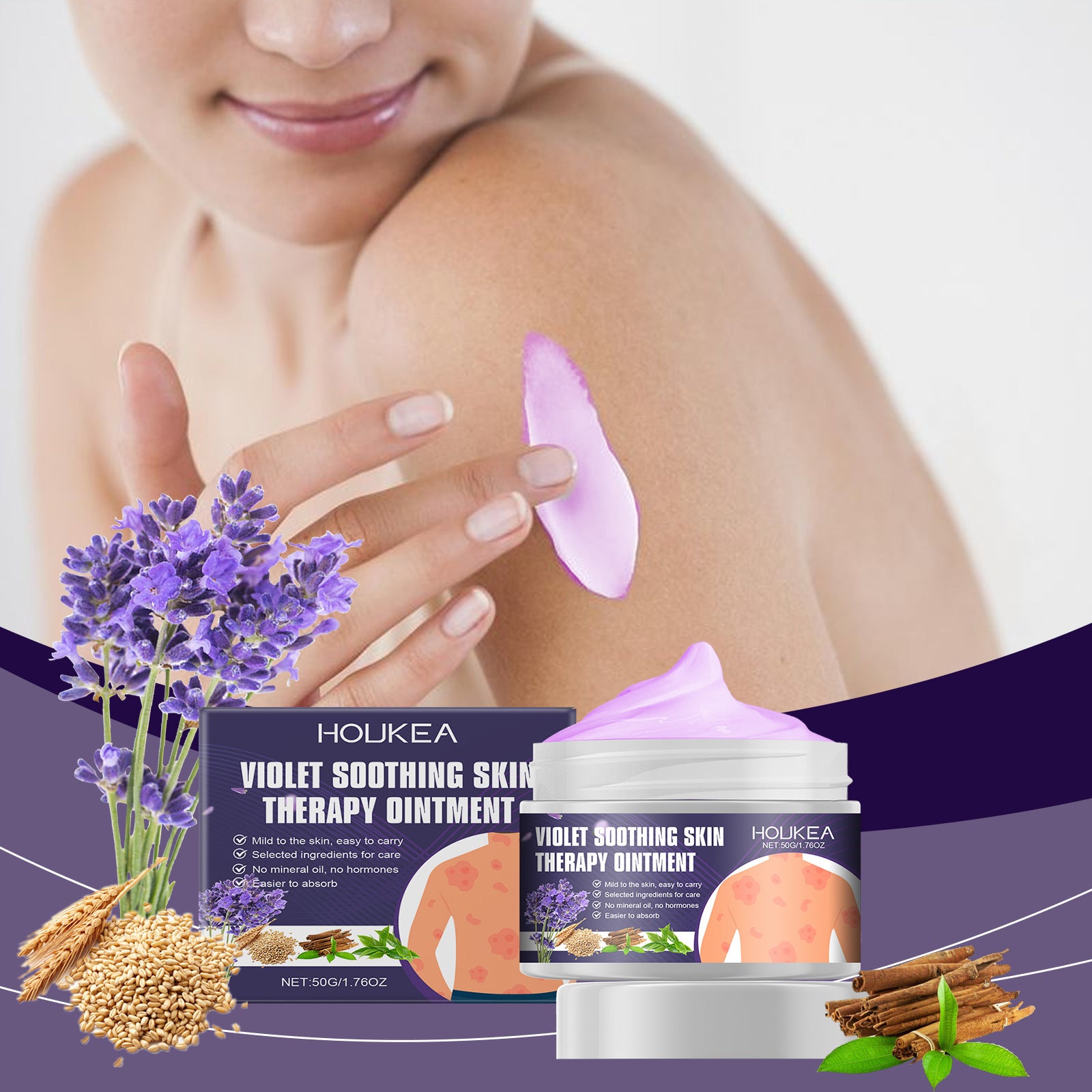 Model applying violet soothing cream on skin, surrounded by violet flowers and cinnamon, highlighting soothing properties.