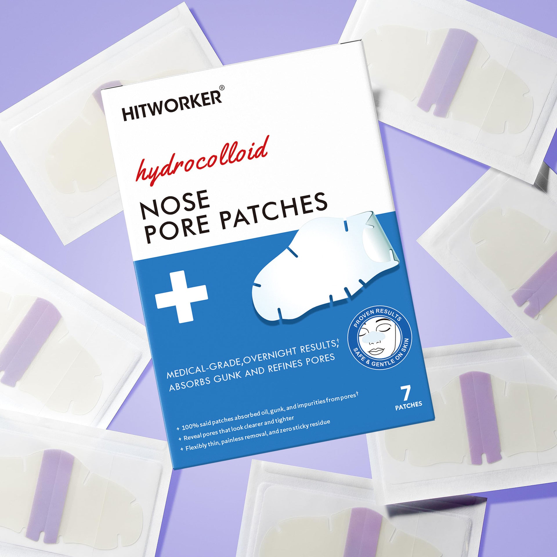 facial care acne nasal stickers packaging featuring 7 hydrocolloid nose pore patches for effective acne removal