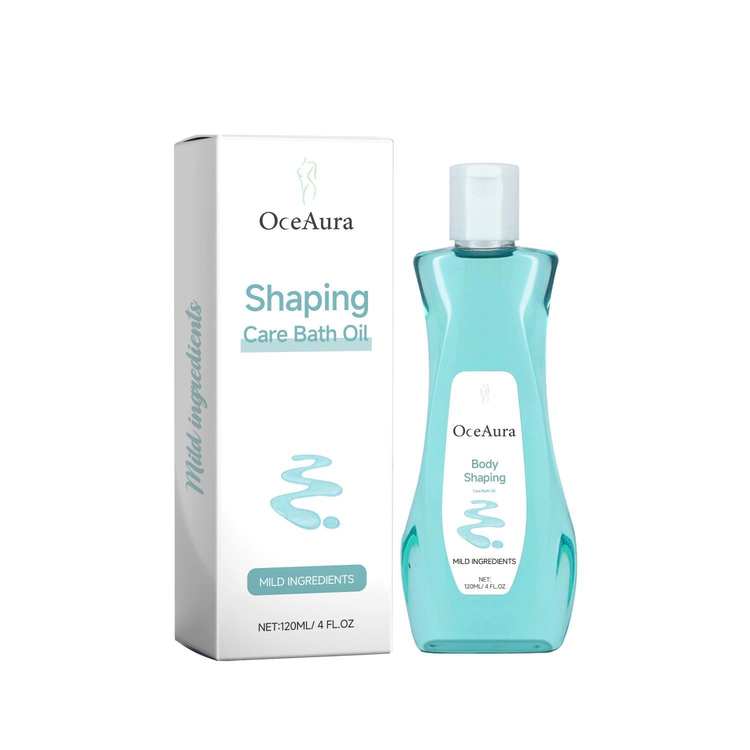 OceAura body shaping bath oil in a turquoise bottle with packaging box, mild ingredients, 120ml size.