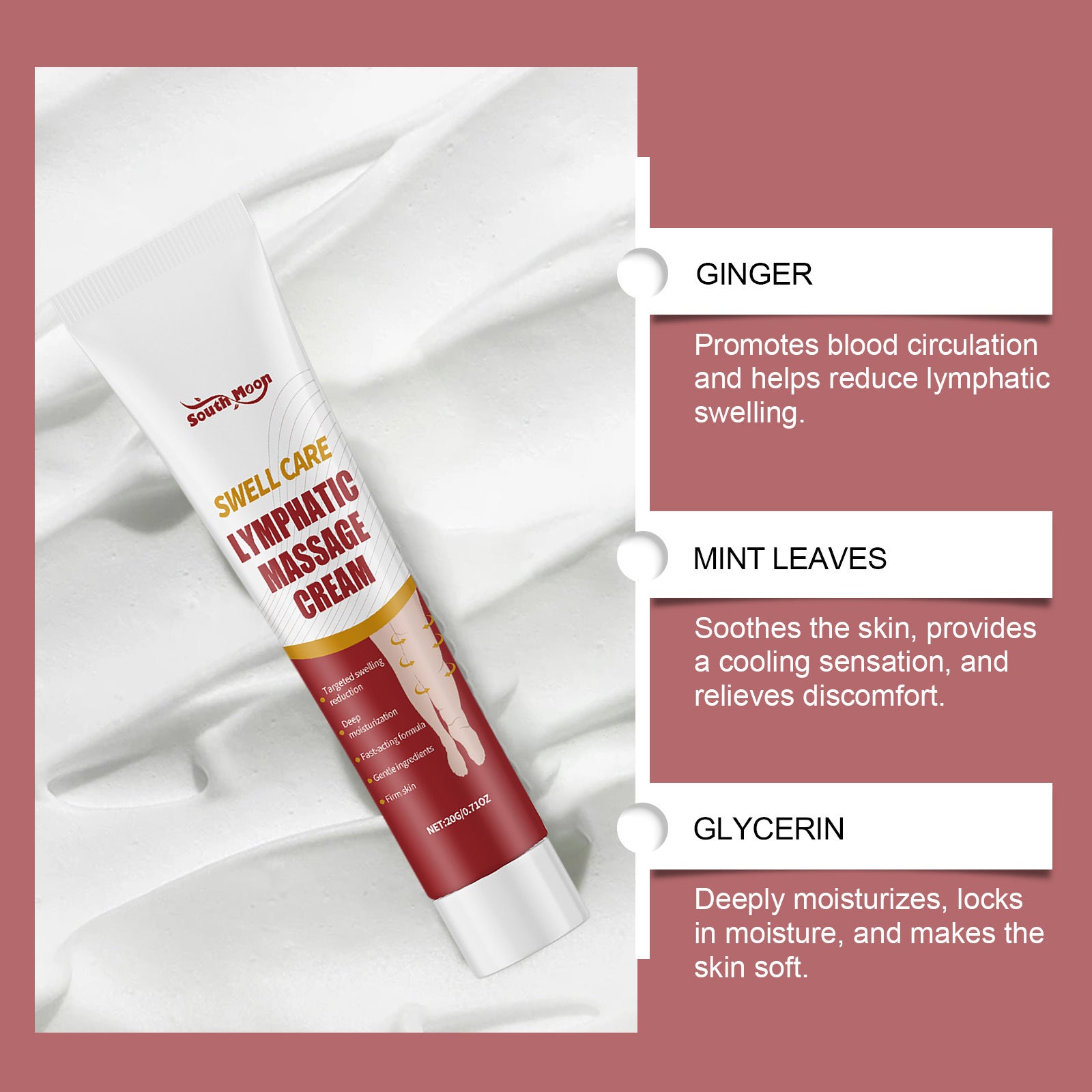 gentle neck cream tube with ginger, mint leaves, and glycerin ingredients, promoting skin hydration and soothing properties.