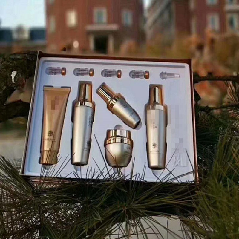 Moisturizing skin care set for ladies featuring six products in an elegant packaging.