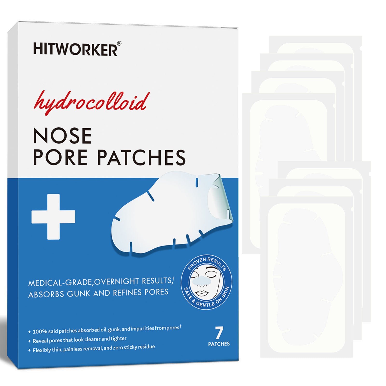 facial care acne nasal stickers packaged for acne removal, featuring 7 hydrocolloid nose pore patches for skin care.