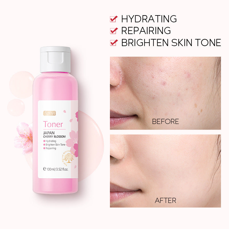 Cherry blossom hydrating lotion in a bottle with before and after skin improvement images.