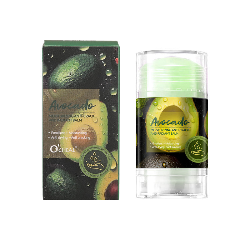 Avocado moisturizing anti-crack and radiant balm with packaging, perfect for hydrating dry skin.
