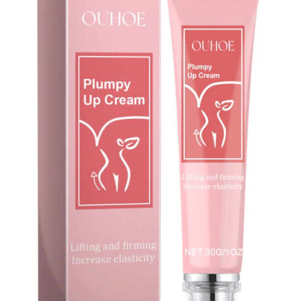 Hip lifting care cream in a pink tube with the label Plumpy Up Cream, promoting skin elasticity and firmness.