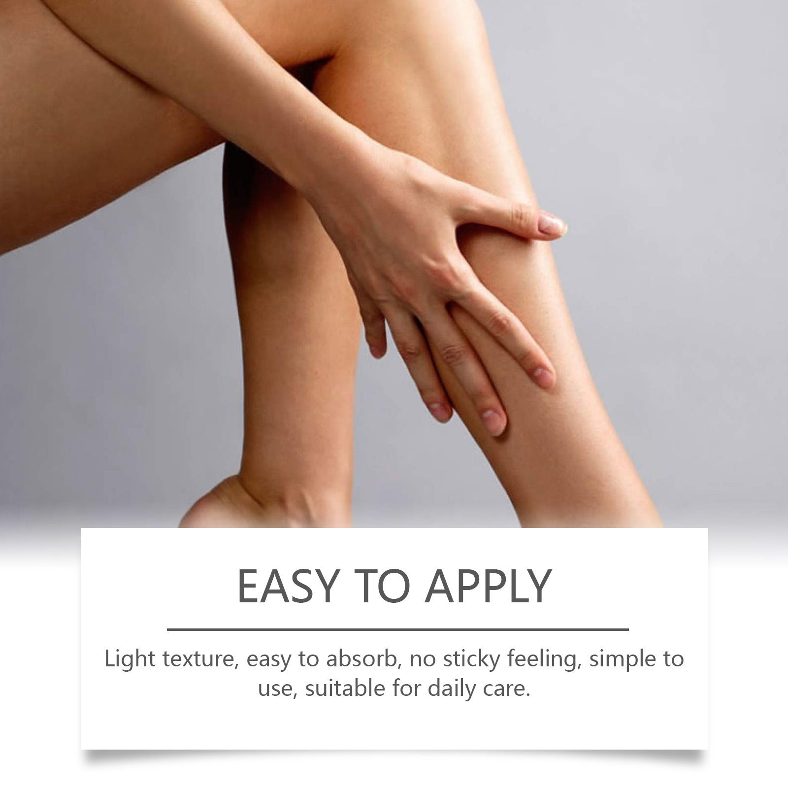 Model applying gentle neck cream on her leg, illustrating easy application and light texture.