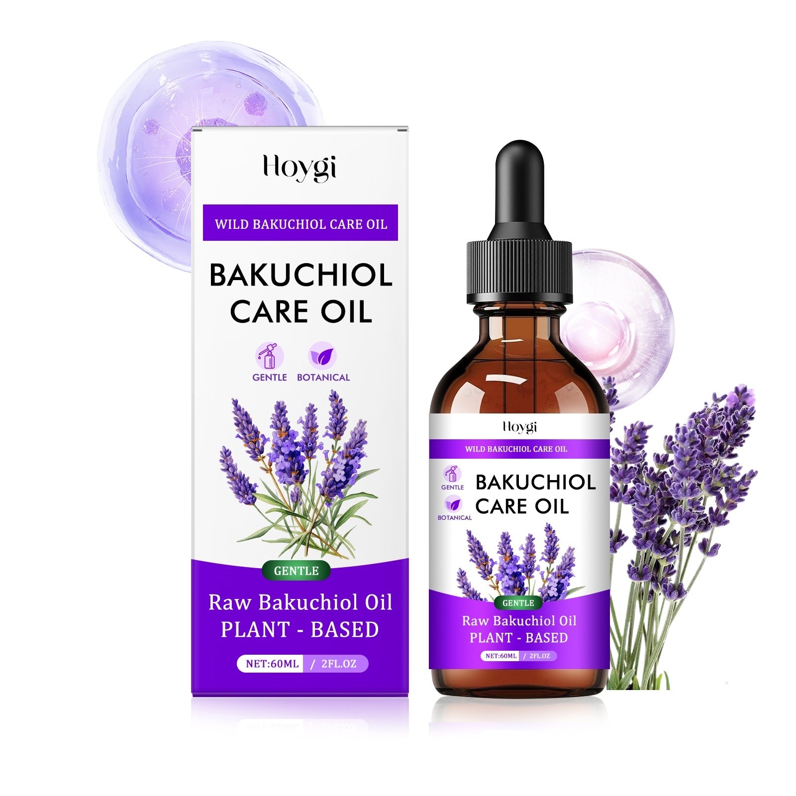 Bakuchiol skincare oil bottle with box, featuring lavender flowers and botanical ingredients.