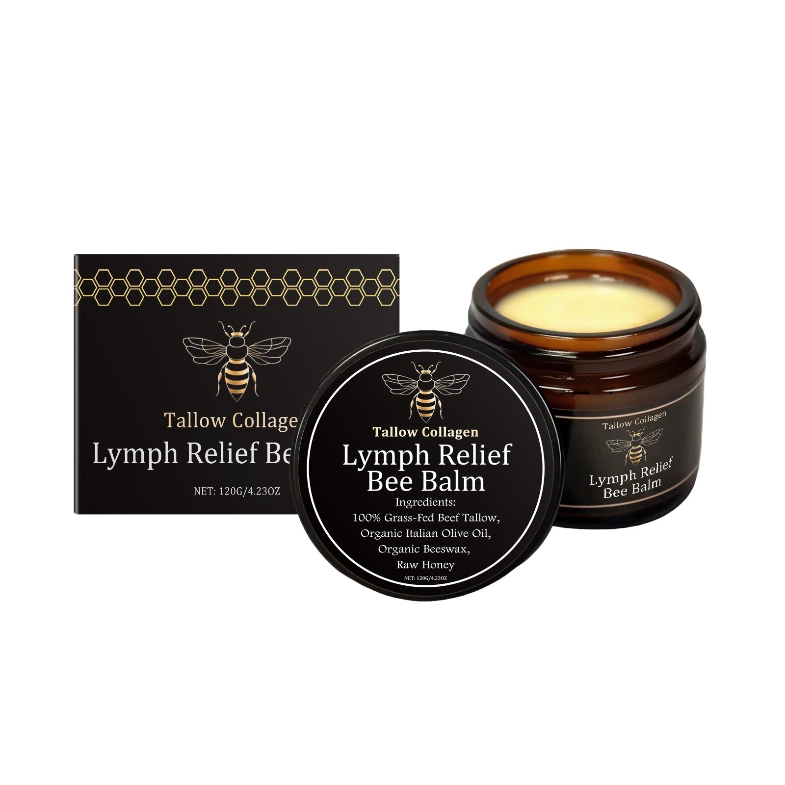 Tallow Collagen Lymph Relief Bee Balm in a jar with packaging, featuring natural ingredients for skin care.