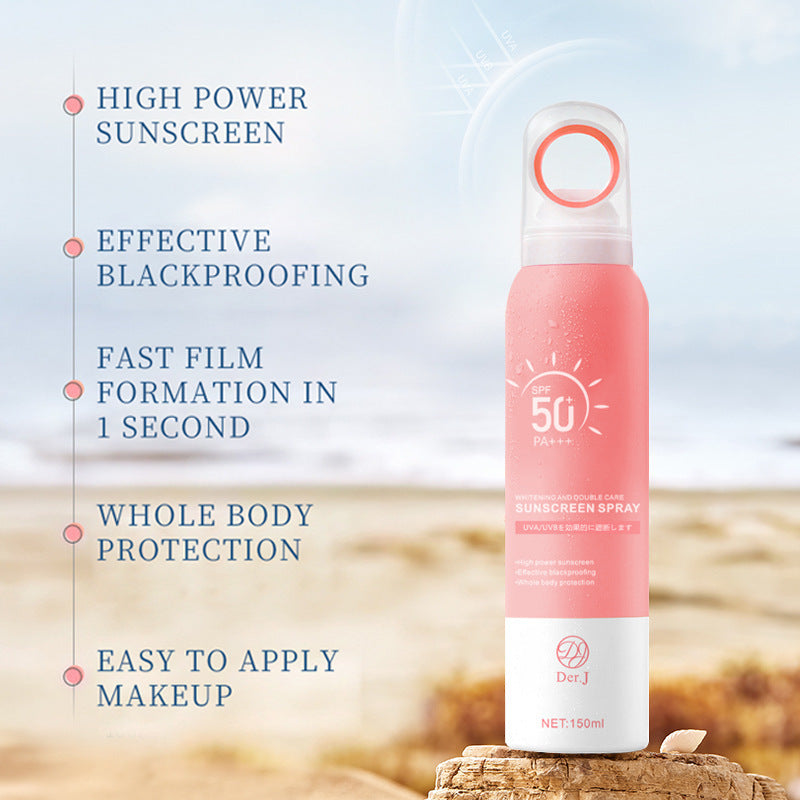 Moisturizing skin care isolation spray on beach background with high power sunscreen and easy makeup application.