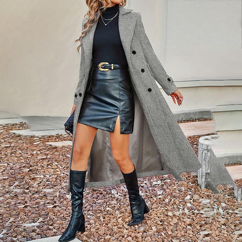 Women's Fall Winter Double Breasted Wool Coat Long Sleeve Notch Lapel Midi Long Trench Coat