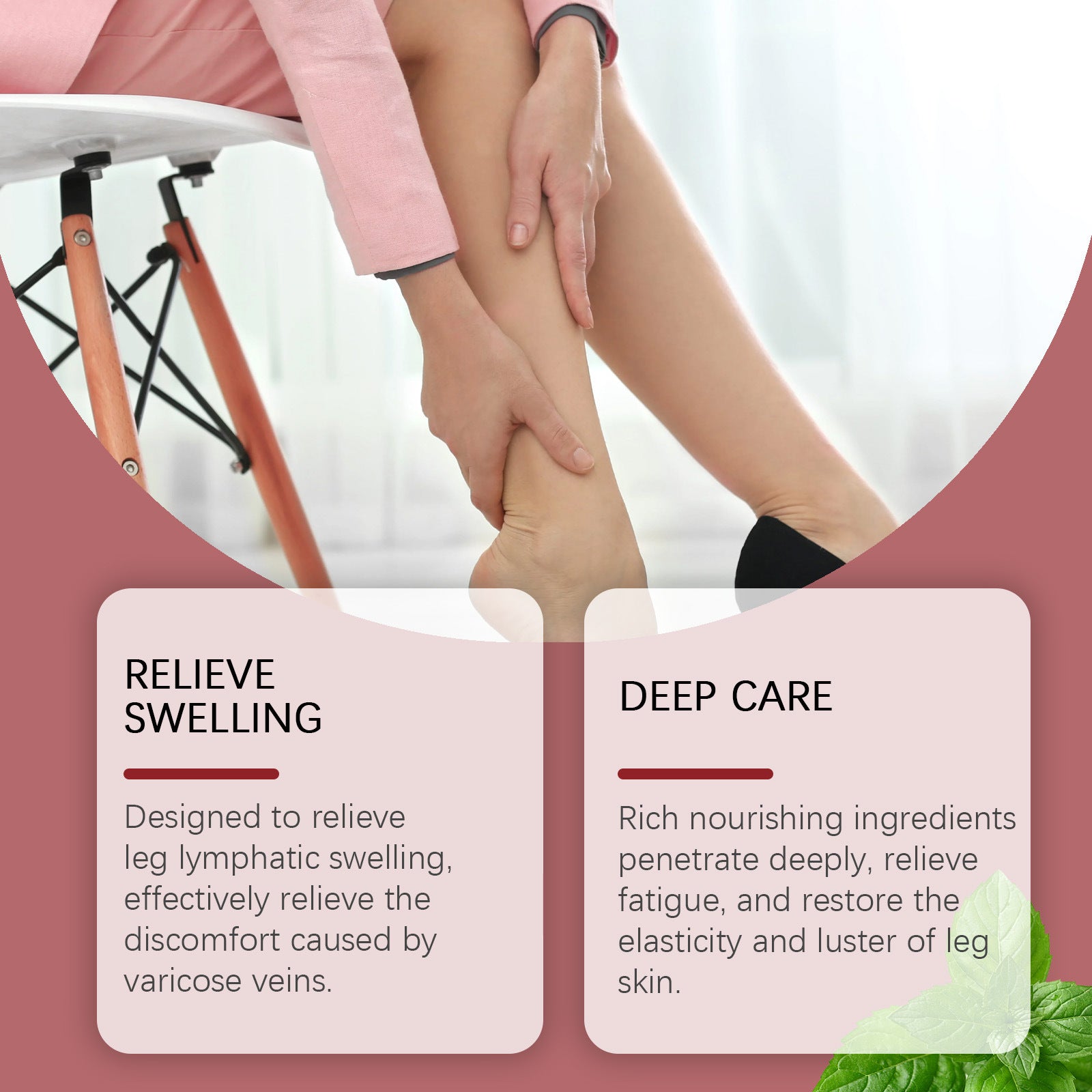 Image of a woman sitting and applying a gentle neck cream to relieve leg swelling and enhance skin elasticity.