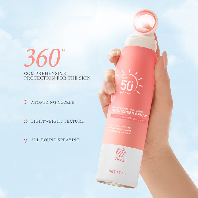 Moisturizing skin care isolation spray in hand with 360-degree sunscreen protection and lightweight texture.