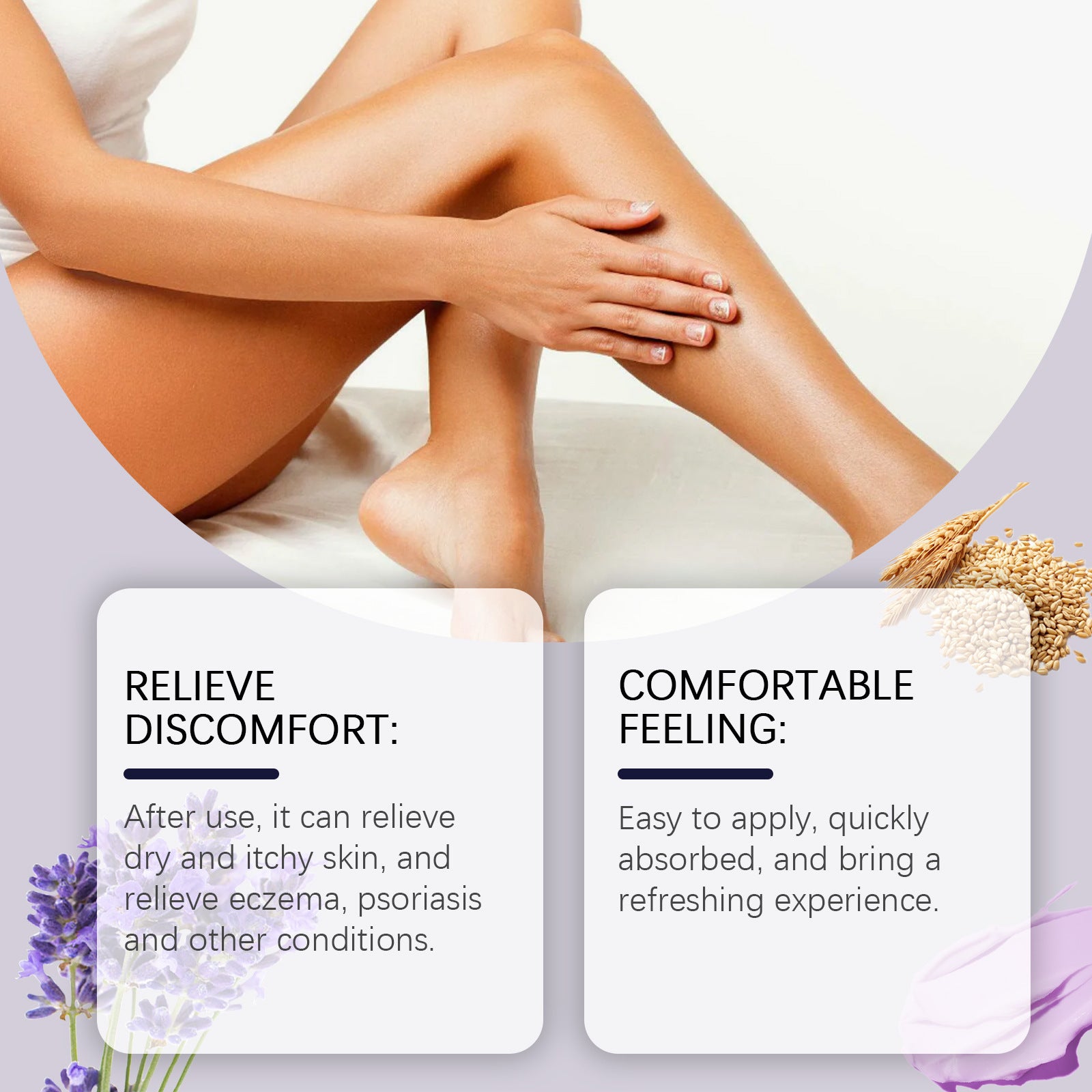 Violet soothing cream applied to skin, relieving discomfort and providing a comfortable feeling for dry, itchy skin.