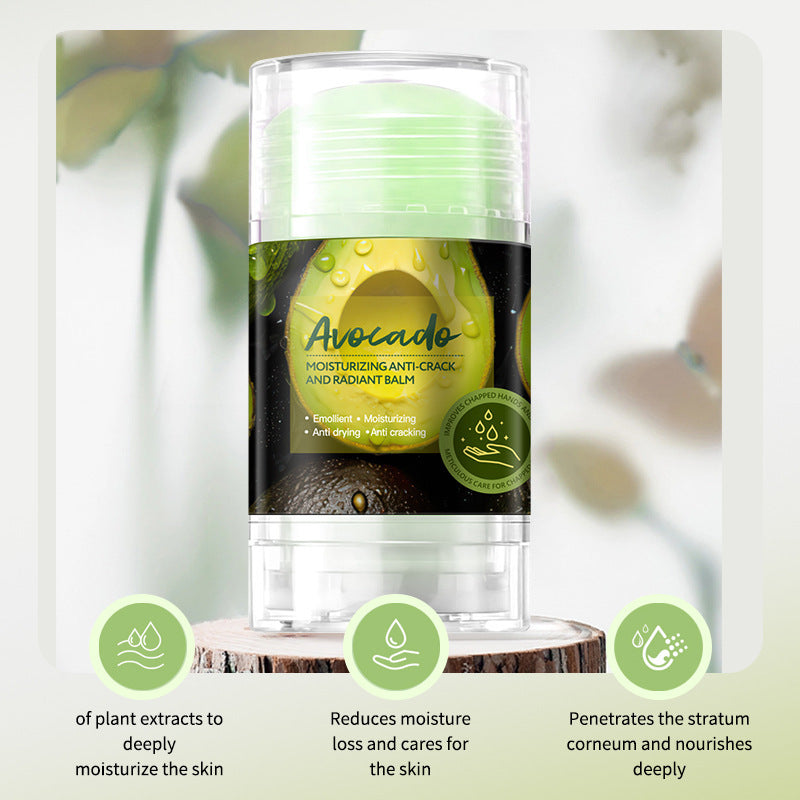 Moisturizing hand and foot cream featuring avocado, anti-crack and radiant balm for hydrating skin.