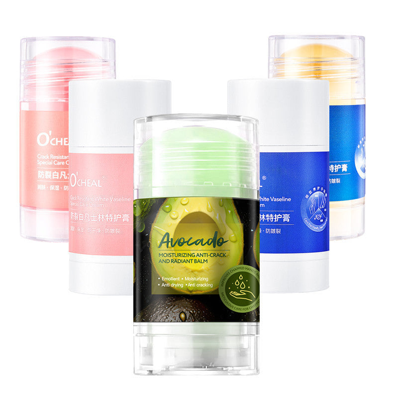 Collection of moisturizing hand and foot cream sticks including avocado and O'Cheal brands.