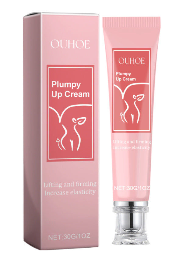 Hip lifting care cream tube and box packaging, featuring the label 'Plumpy Up Cream' and benefits of lifting and firming.