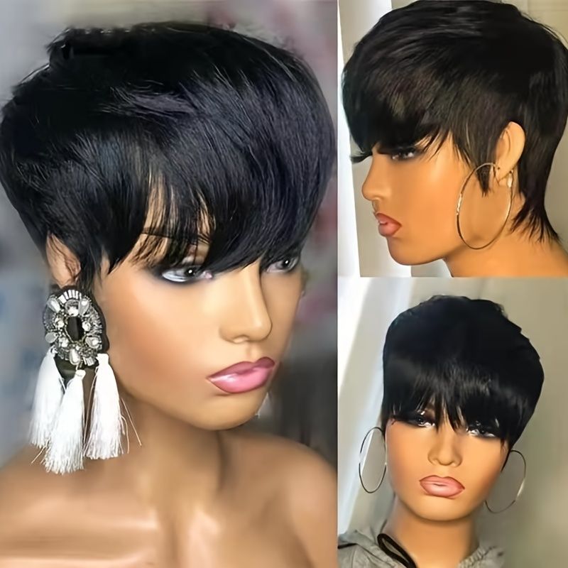 100% Human Hair Short Pixie Cut Wig; Silky Straight Pixie Cut Human