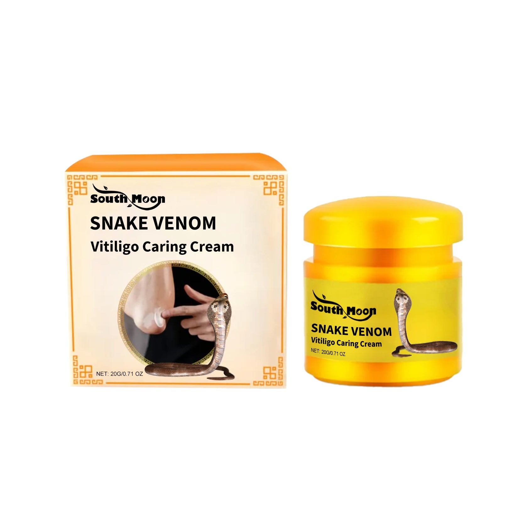 South Moon Snake Venom Vitiligo Caring Cream jar and box, skincare solution for vitiligo treatment.