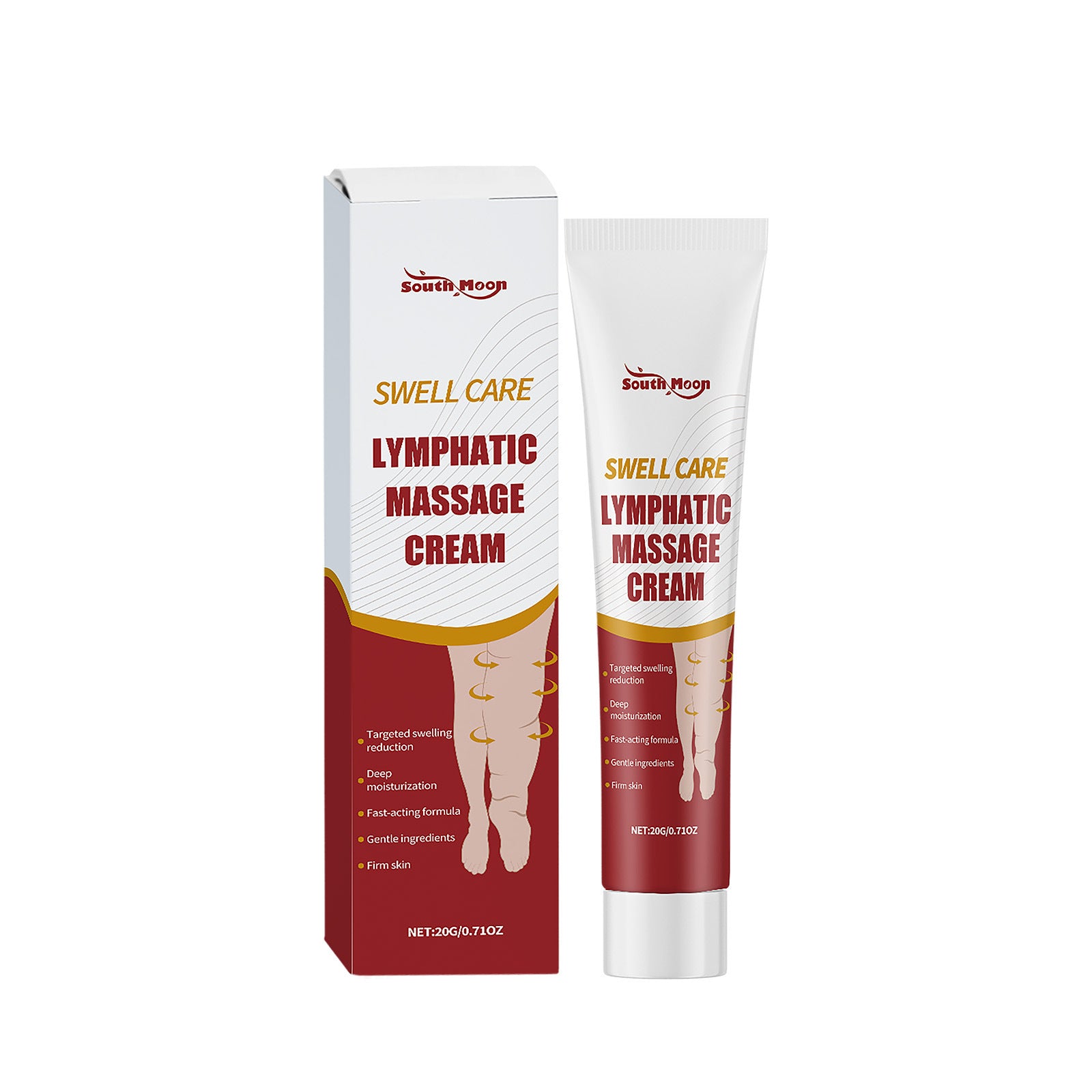 gentle neck cream in a tube with a box packaging promoting lymphatic massage for targeted swelling care.